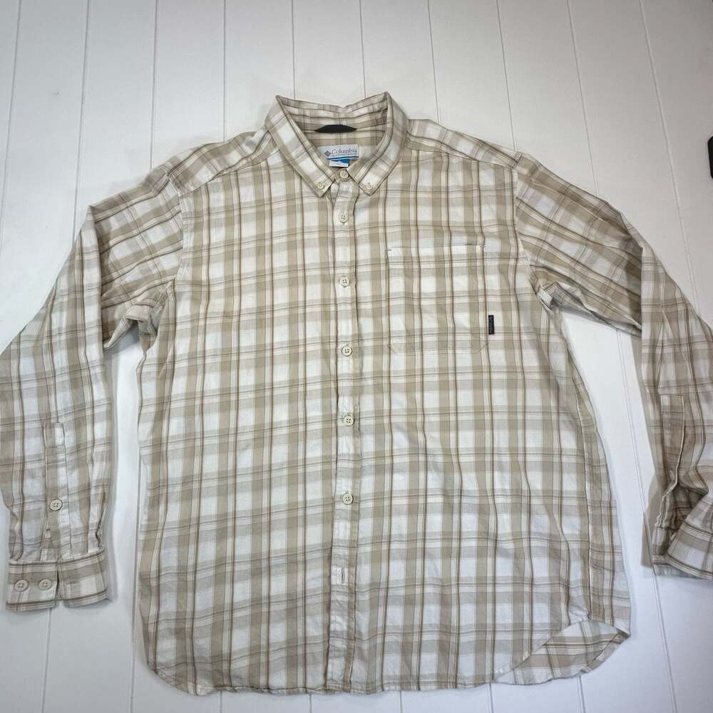 Columbia Men's Long Sleeve Button Down Shirt Tan White Plaid, XL